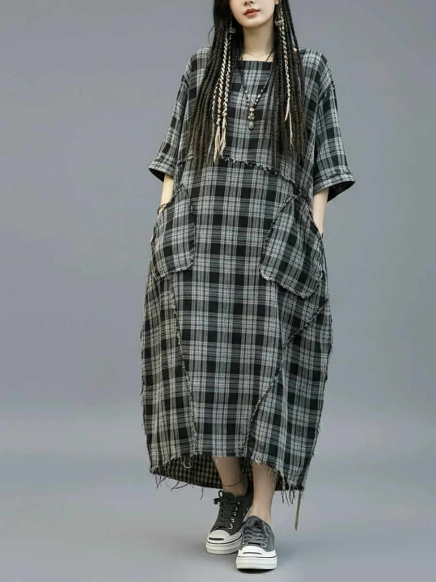 Women Summer Retro Plaid Spliced O-Neck Dress – BUYKUD