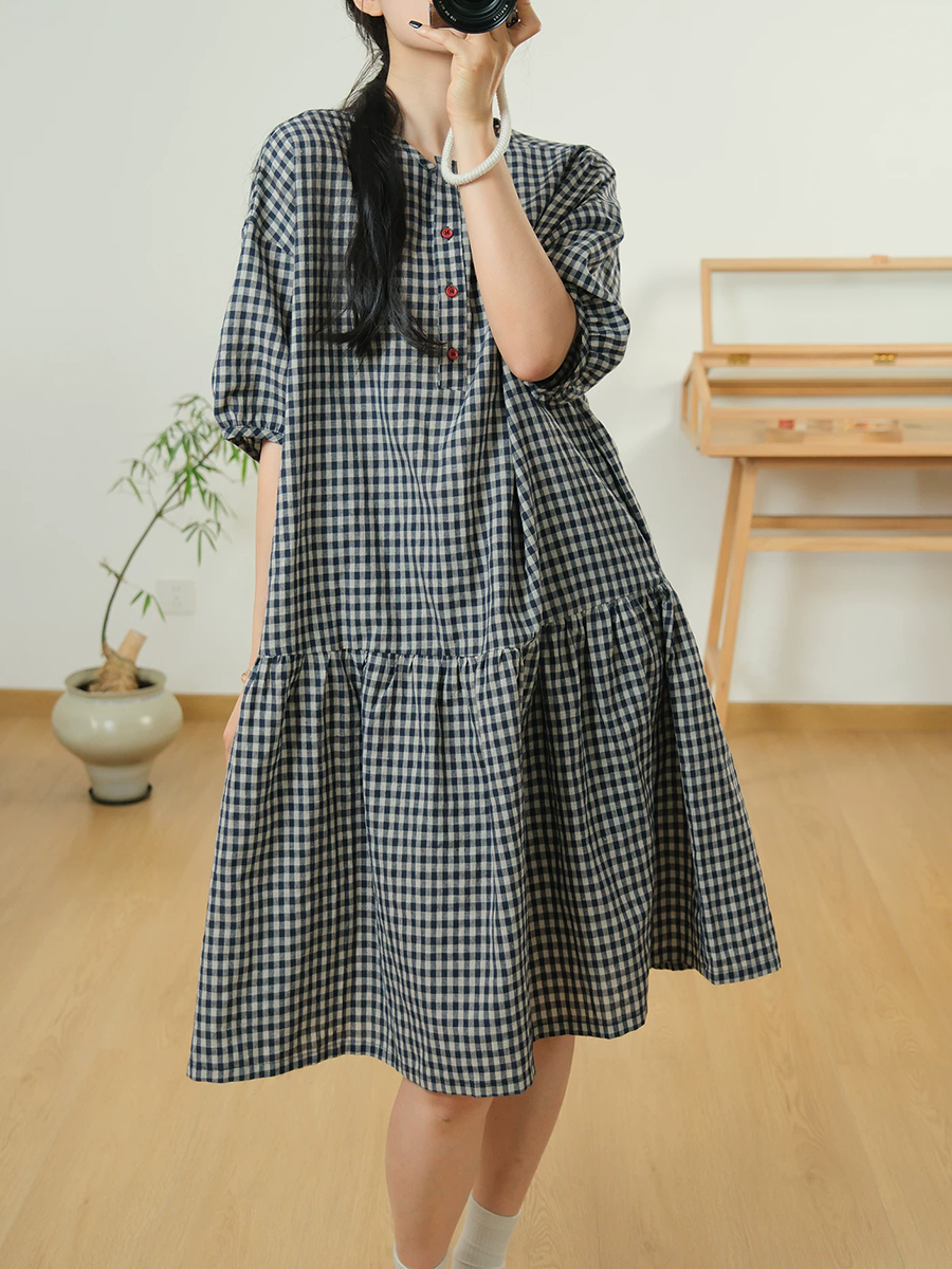 Women Summer Retro Plaid O-Neck Linen Dress BUYKUD Women Summer Retro Plaid O-Neck Linen Dress BUYKUD