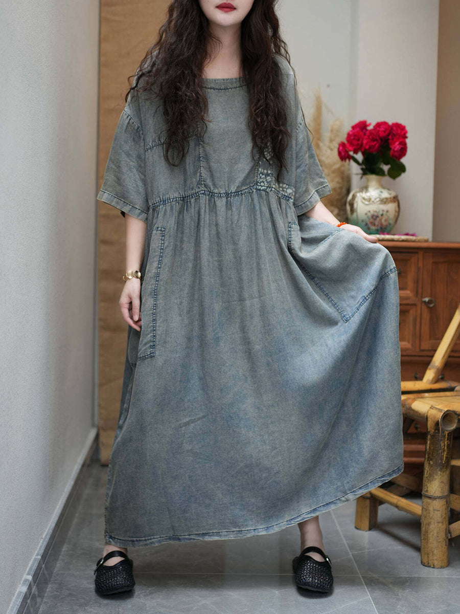 Women Summer Vintage Spliced O-Neck Denim Dress Women Summer Vintage Spliced O-Neck Denim Dress