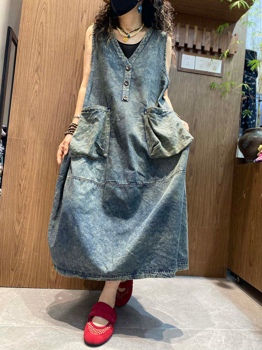 denim vest dress women Savannah Medium Wash V Neck Sleeveless Denim Mini Dress S / Medium Wash
