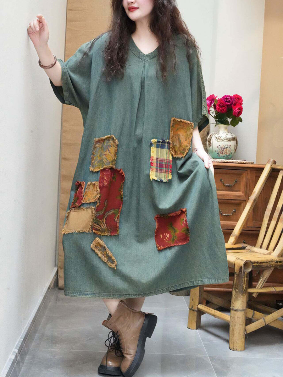 Women Summer Vintage Patchwork V-Neck Denim Dress Women Summer Vintage Patchwork V-Neck Denim Dress