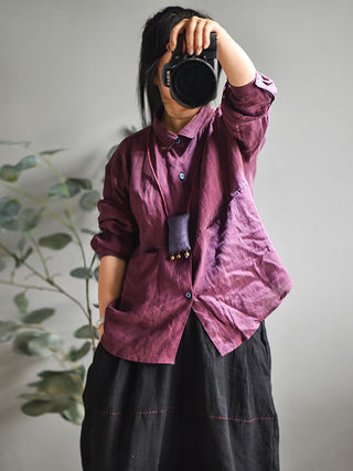 Women Casual Solid Spring Stitching 100 Linen Shirt main image 0