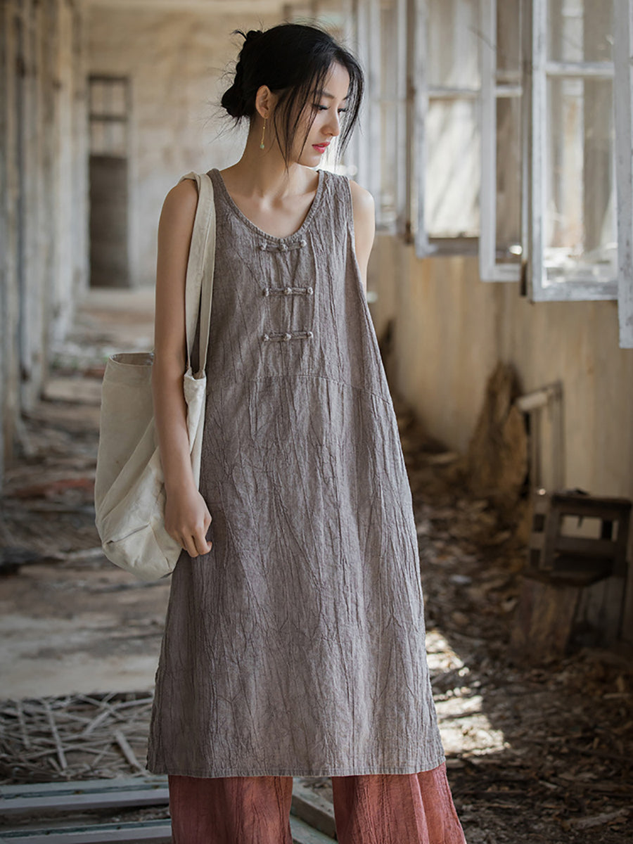 Women Summer Vintage Pure Color Linen Frog Button Vest Dress Women Summer Vintage Pure Color Linen Frog Button Vest Dress