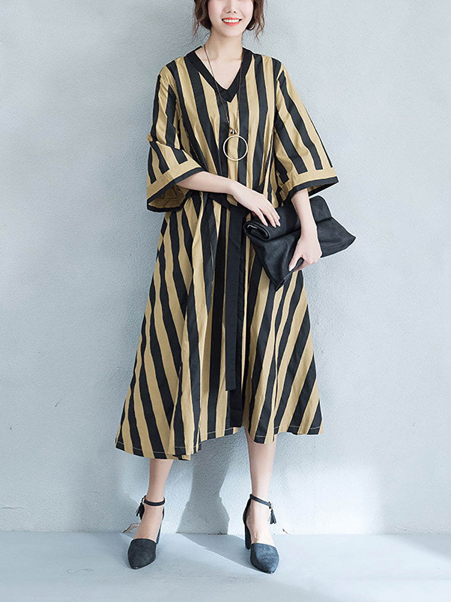 Plus Size Women Commute Stripe V-Neck Lace-Up Loose Dress Plus Size Women Commute Stripe V-Neck Lace-Up Loose Dress