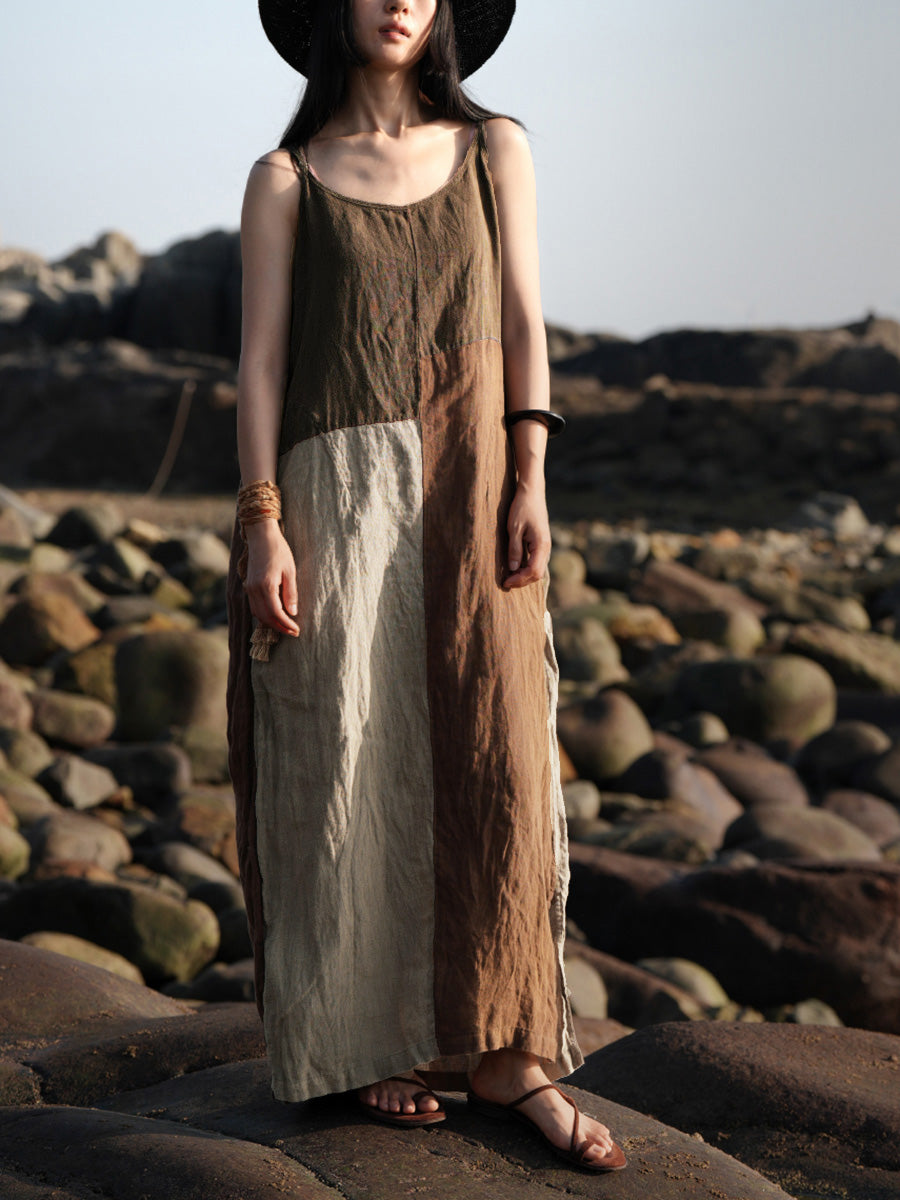 Plus Size Women Summer Vintage Patchwork 100%Linen Vest Dress Plus Size Women Summer Vintage Patchwork 100%Linen Vest Dress