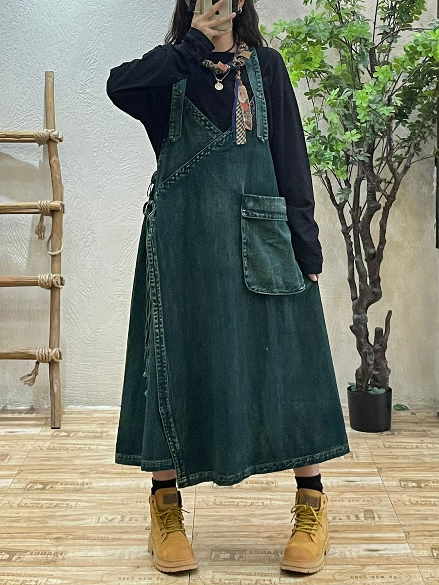 Plus Size Women Autumn Retro Denim Spliced Overall Dress Plus Size Women Autumn Retro Denim Spliced Overall Dress