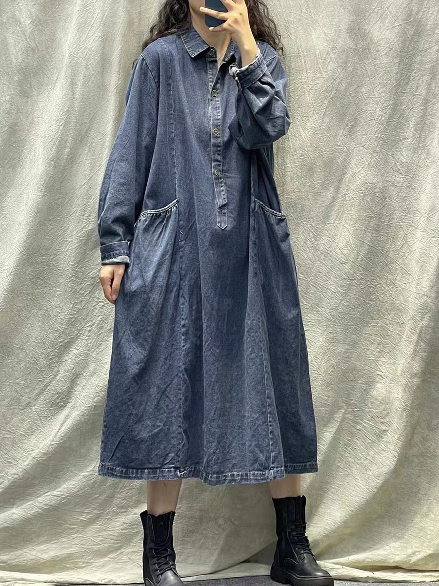 Plus Size Women Spring Retro Pocket Button Loose Denim Dress Plus Size Women Spring Retro Pocket Button Loose Denim Dress