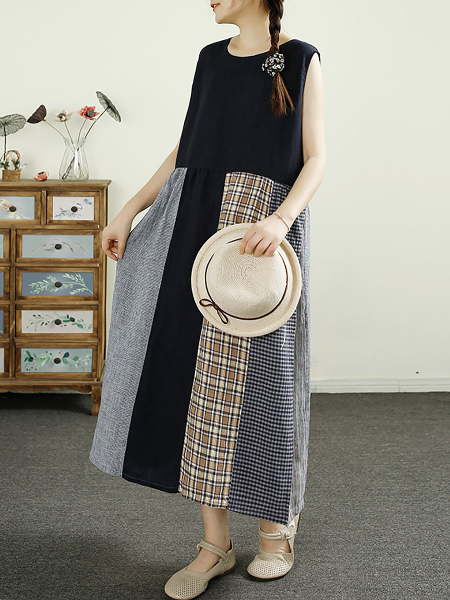 Plus Size Women Summer Plaid Spliced 100%Linen Vest Dress Plus Size Women Summer Plaid Spliced 100%Linen Vest Dress