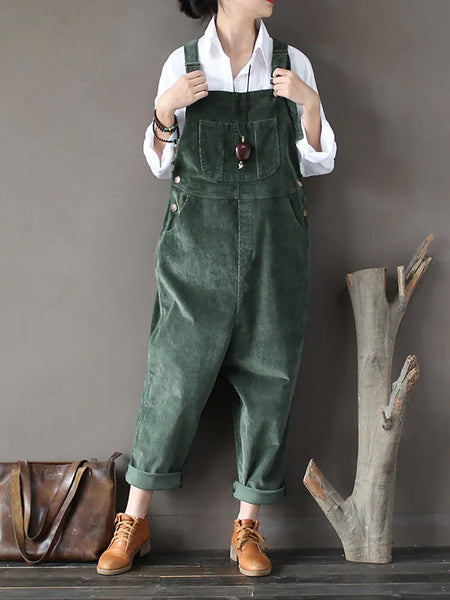 Women Vintage Solid Corduroy Jumpsuits