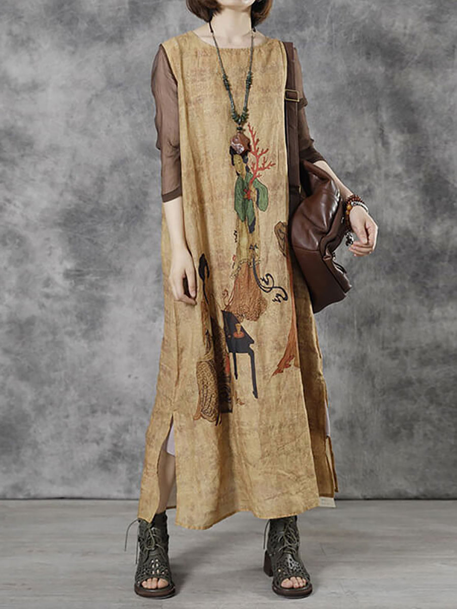 buykud linen dresses Women Summer Plaid Vintage Short Sleeve Cotton Linen Dress