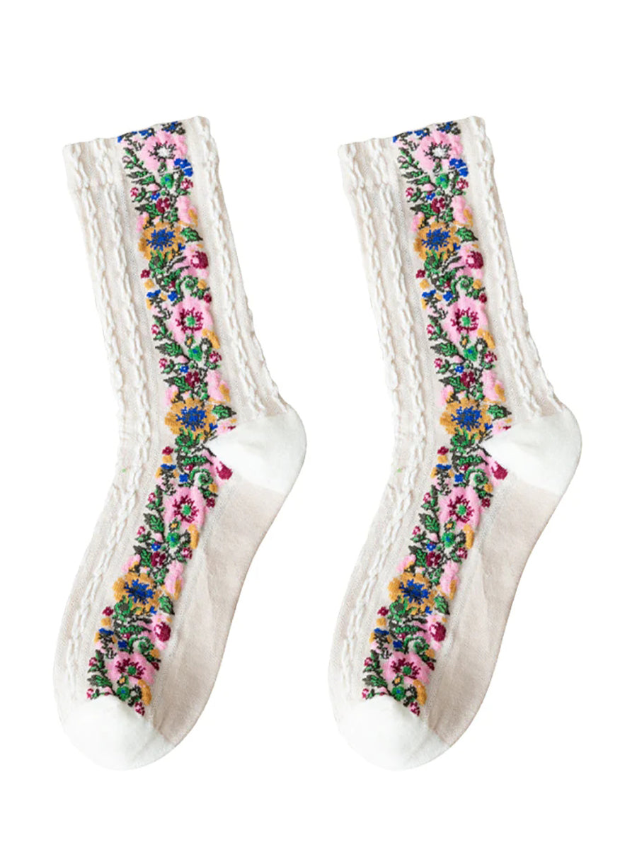 5 Pairs Women Vintage Winter Flower Jacquard Socks