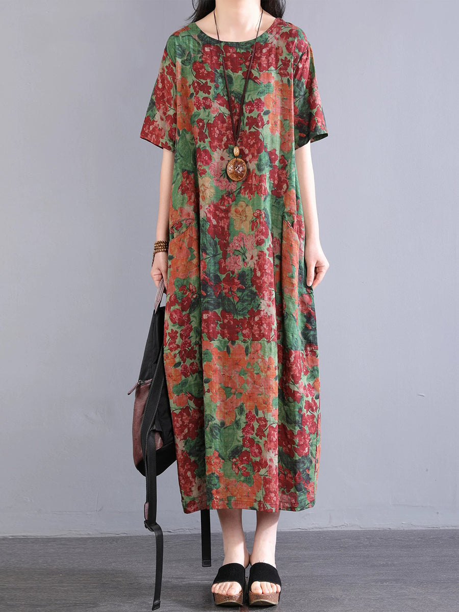 casual cotton midi dresses Women Summer Floral Vintage Short Sleeve Cotton Midi Dress