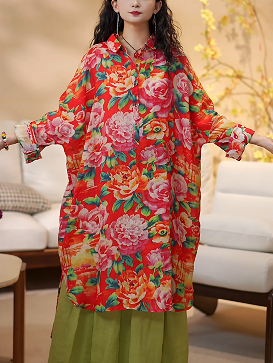 long sleeve tunic dress Women Summer Floral Long Sleeve 100%Ramie Tunic Shirt