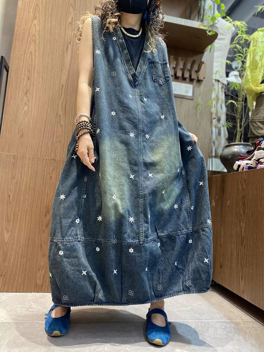 Women Summer Embroidered V-Neck Denim Vest Dress Women Summer Embroidered V-Neck Denim Vest Dress