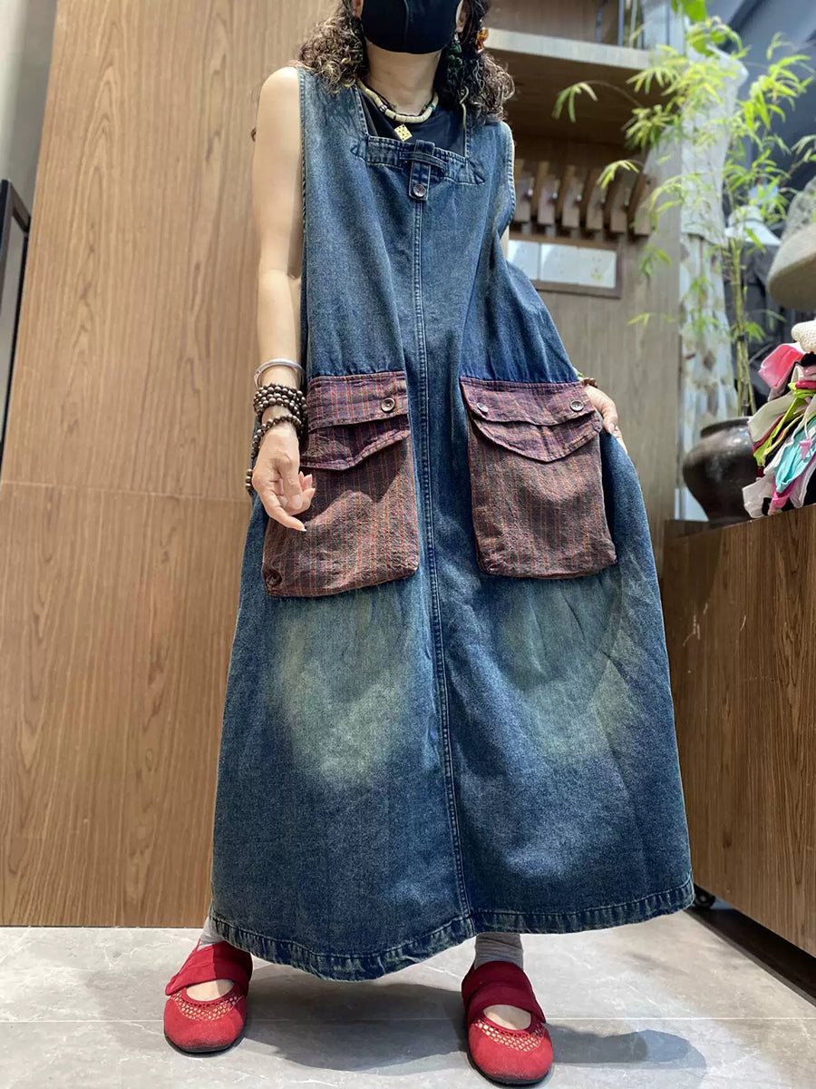 retro denim dress Retro Loose Patchwork Sleeveless Denim Dress