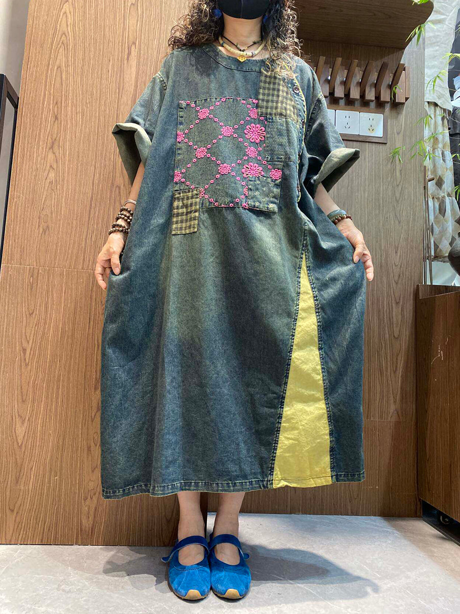 Women Summer Embroidery Vintage Short Sleeve Denim Midi Dress – BUYKUD Women Summer Embroidery Vintage Short Sleeve Denim Midi Dress – BUYKUD