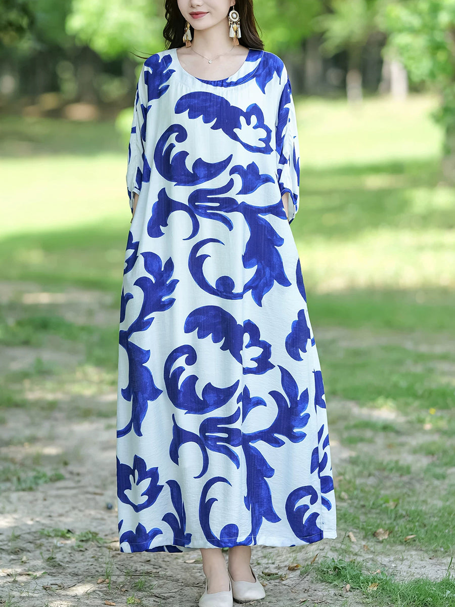 cotton ladies summer dresses Women Summer Print Artsy Three-Quarter Sleeve Cotton Maxi Dress – BUYKUD