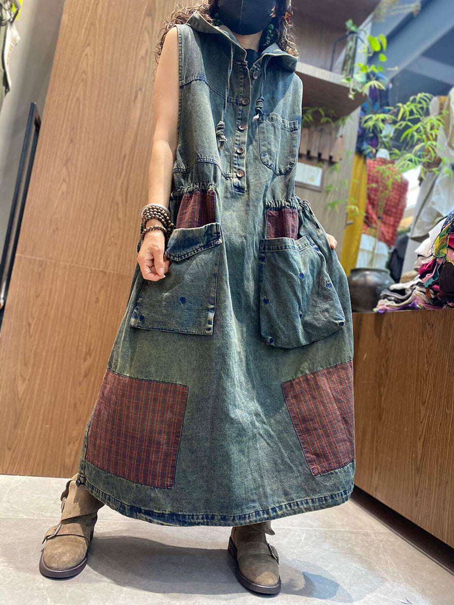 loose jean dress Women Retro Patchwork Hooded Sleeveless Loose Denim Dress – BUYKUD