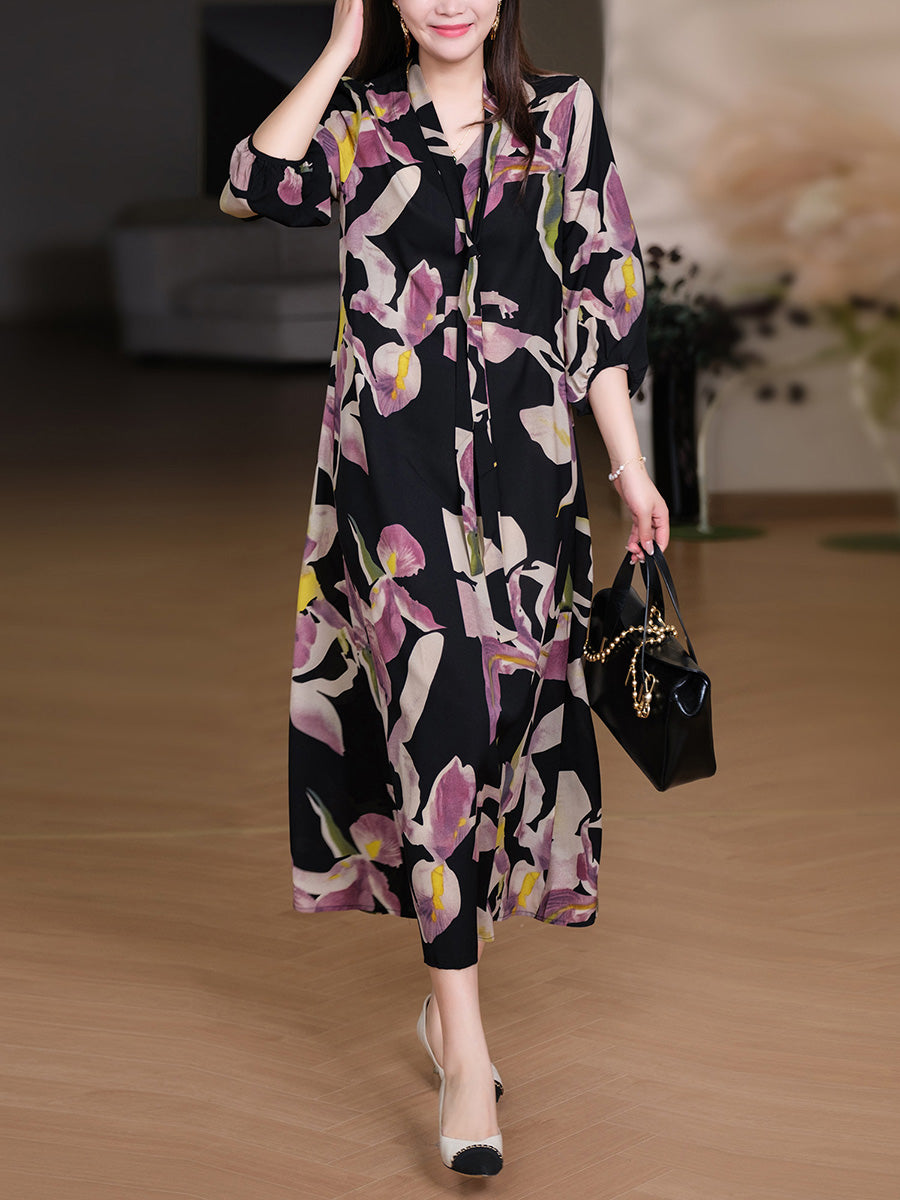 floral polyester dress Floral Collar Tie Midi Dress & Reviews - Multi - Dresses