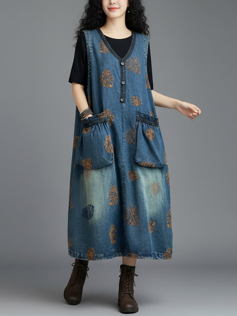 Women Embroidered Artsy V-Neck Denim Pinafore Dress