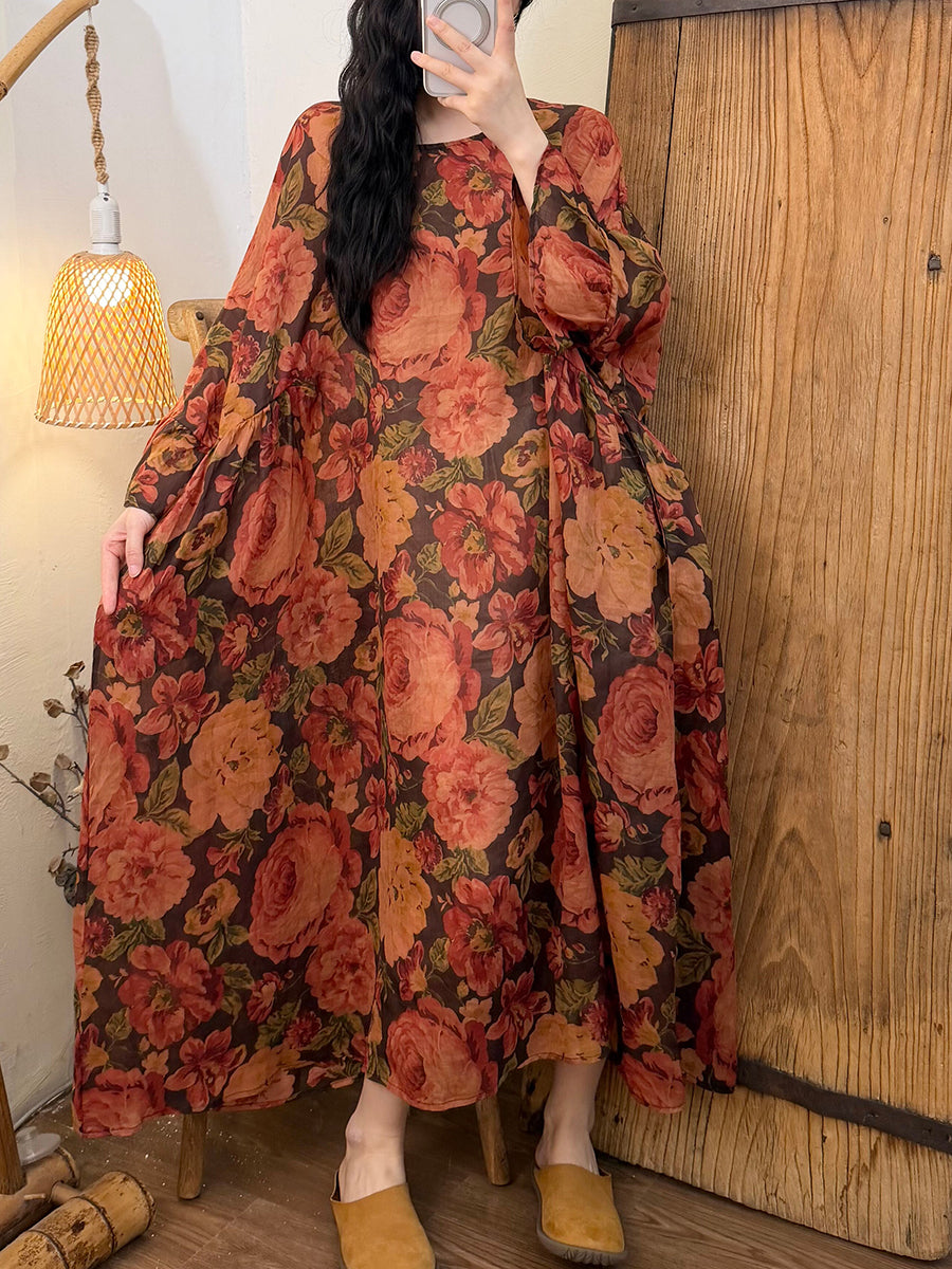 long sleeve retro maxi dress Floral V-Neck Maxi Dress with Long Sleeves