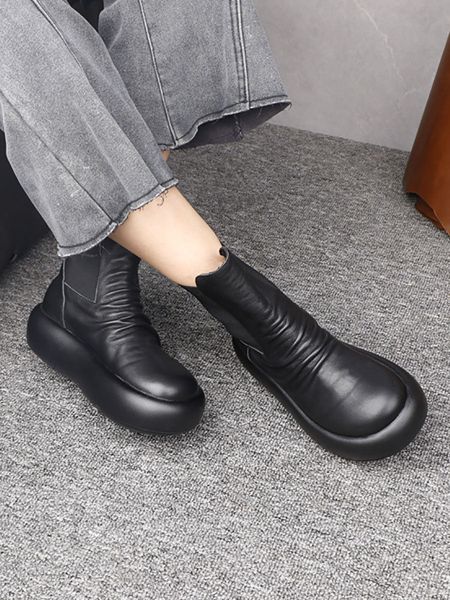 Women Winter Genuine Leather British Style Thick Sole Short Boots