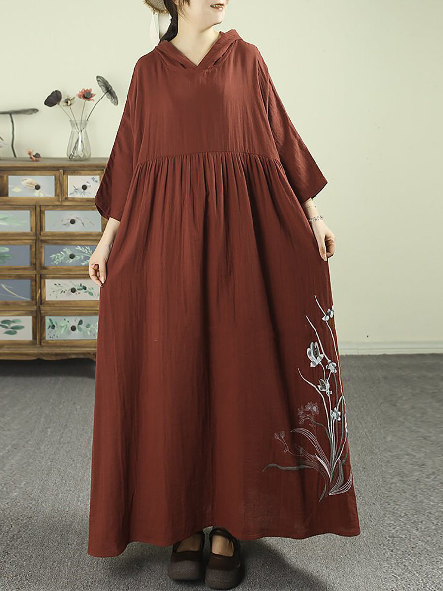 Women Vintage Embroidered Hooded High-Waist Cotton Long Dress – BUYKUD
