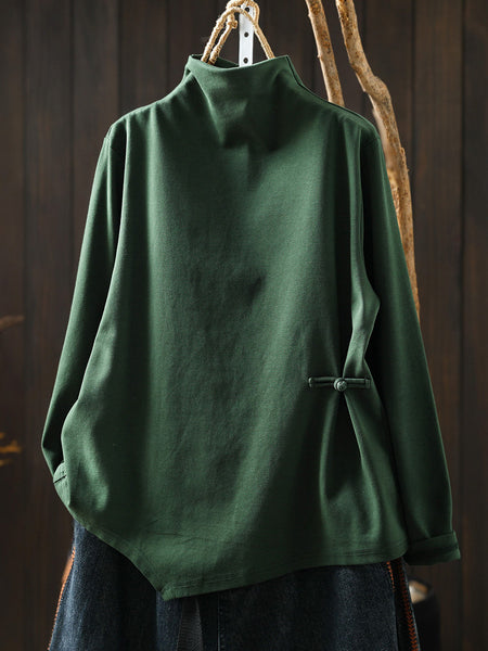 Plus Size Women Autumn Frog Button Mock Neck Long-Sleeve Tee – Versatile Autumn Base Layer