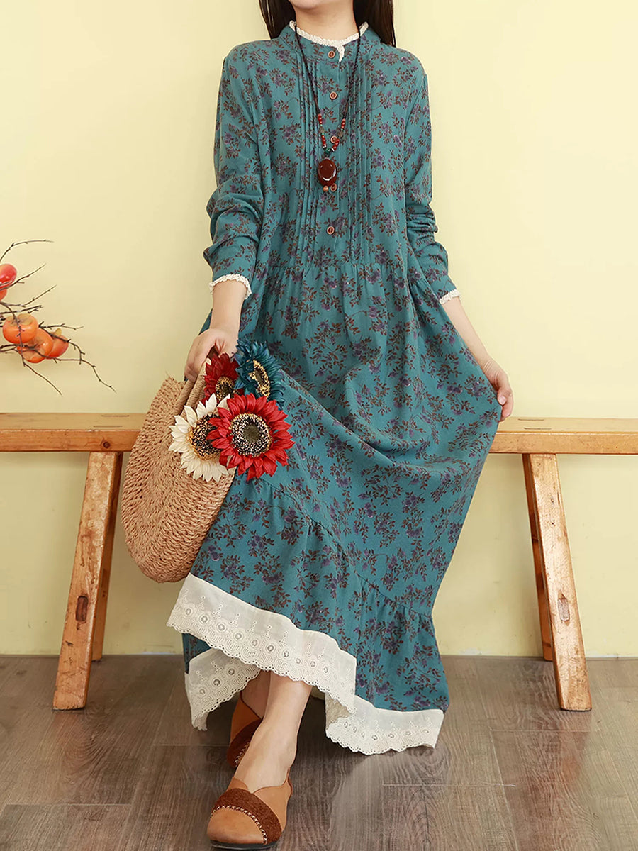 Women Vintage Floral Long Sleeve Lace Trim Cotton Maxi Dress – BUYKUD