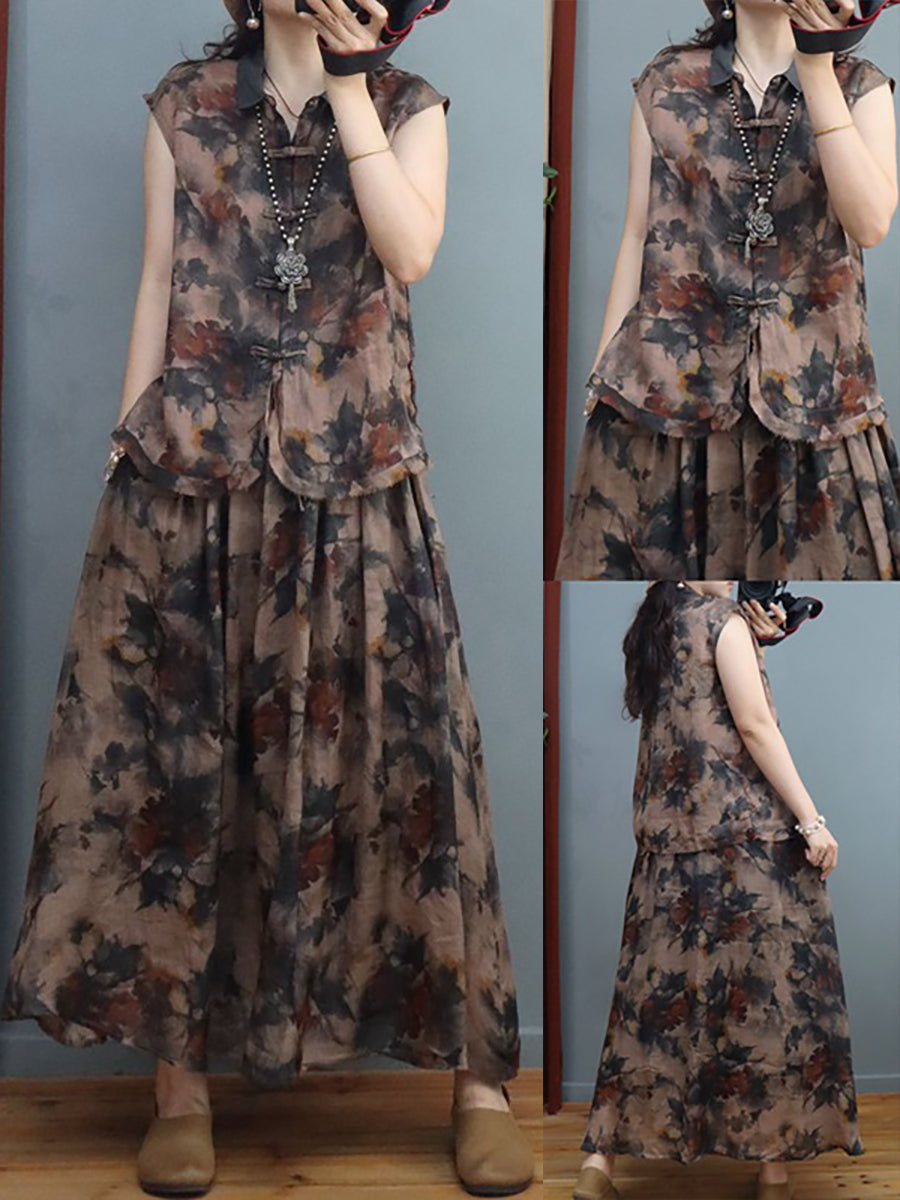 Plus Size Women Summer Ethnic Ink Flower Ramie Shirt/Skirt β BUYKUD