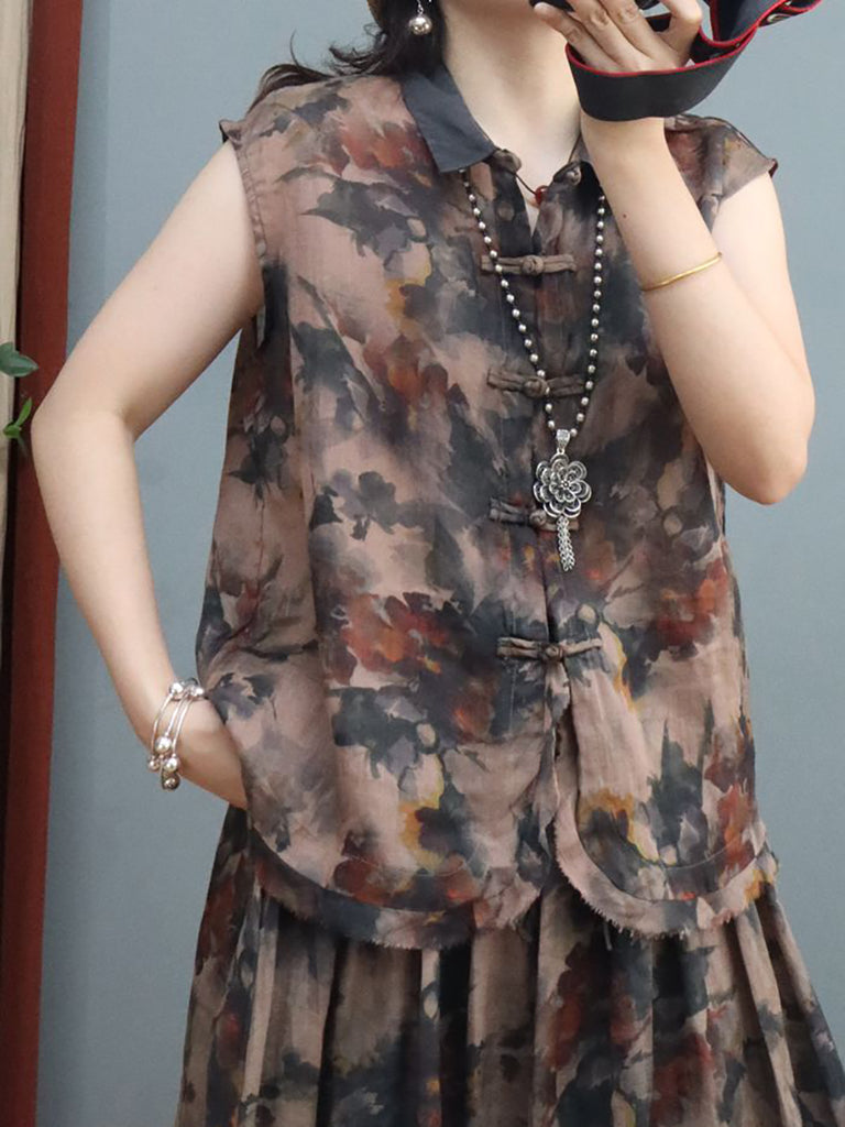 Plus Size Women Summer Ethnic Ink Flower Ramie Shirt/Skirt β BUYKUD