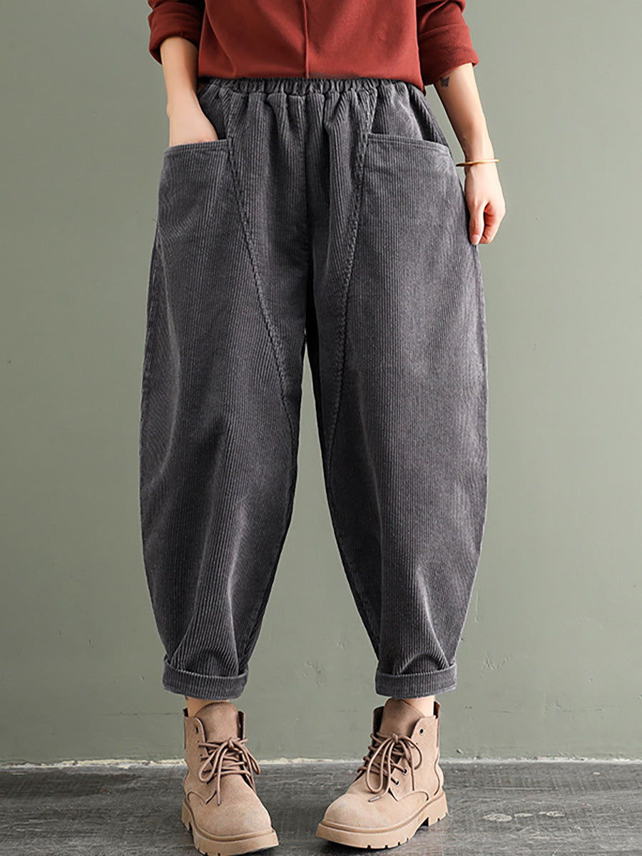 Plus Size - Elastic Waist Corduroy Cotton Handmade Pants – BUYKUD