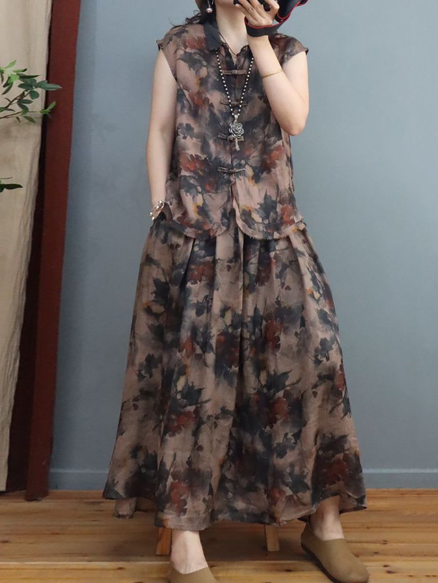 Plus Size Women Summer Ethnic Ink Flower Ramie Shirt/Skirt β BUYKUD