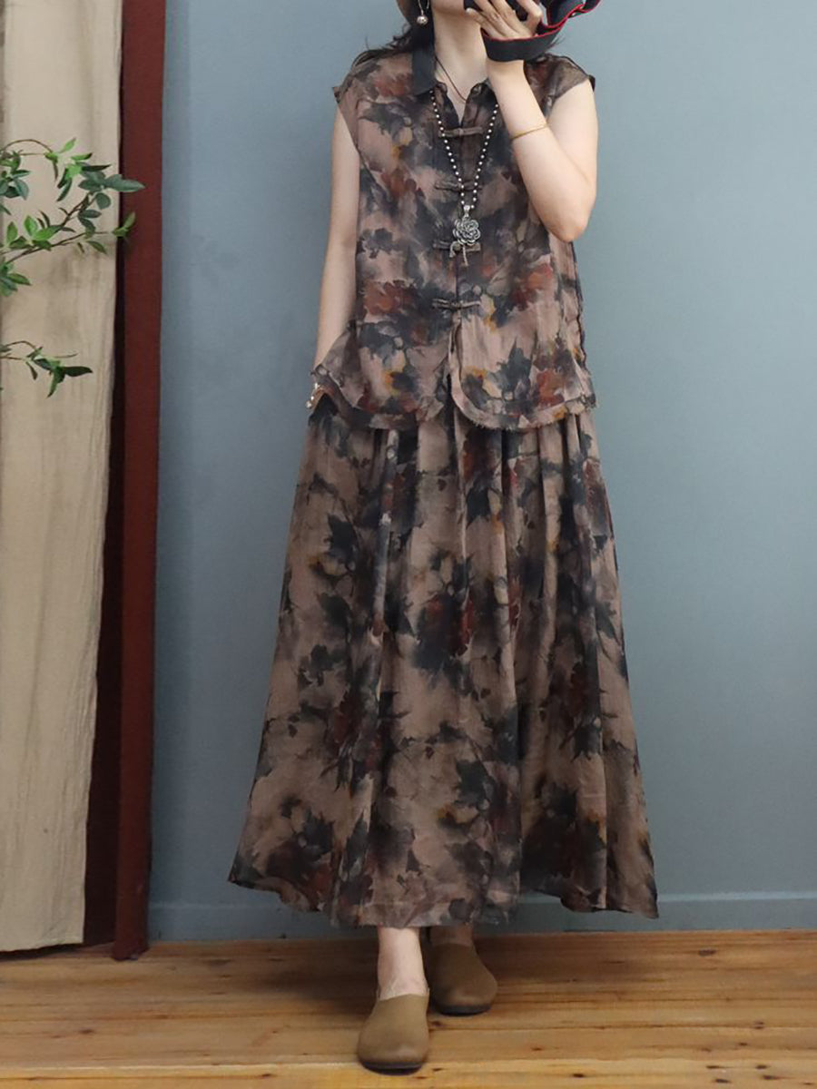 Plus Size Women Summer Ethnic Ink Flower Ramie Shirt/Skirt – BUYKUD