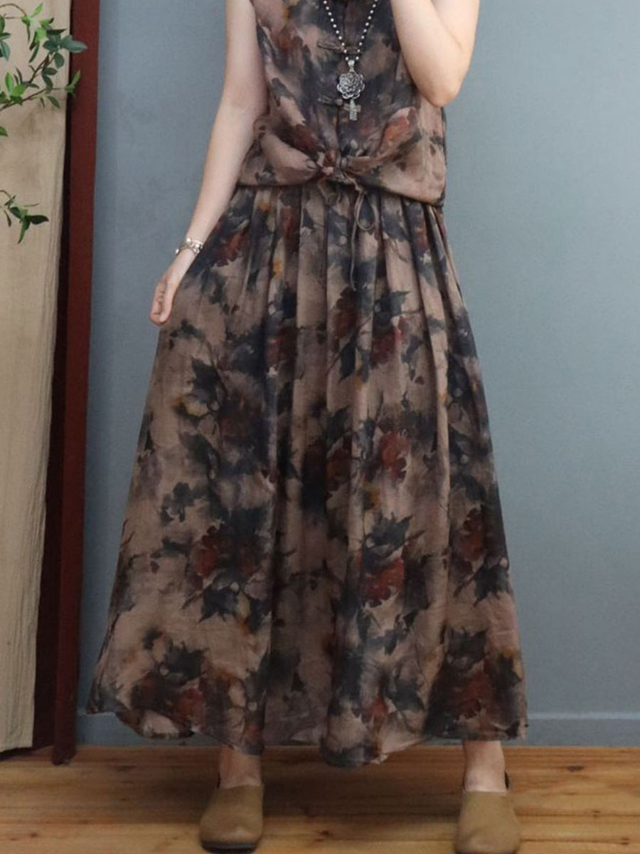 Plus Size Women Summer Ethnic Ink Flower Ramie Shirt/Skirt β BUYKUD