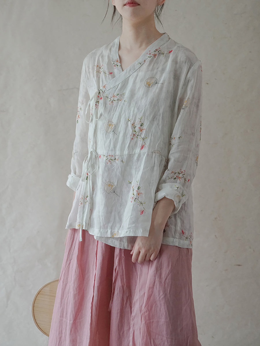 Women Chinese Style Flower Drawstring Loose Shirt – BUYKUD
