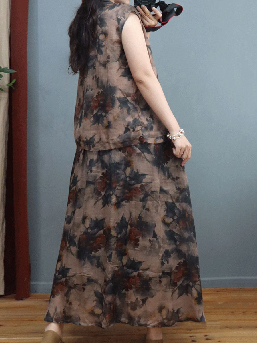 Plus Size Women Summer Ethnic Ink Flower Ramie Shirt/Skirt β BUYKUD