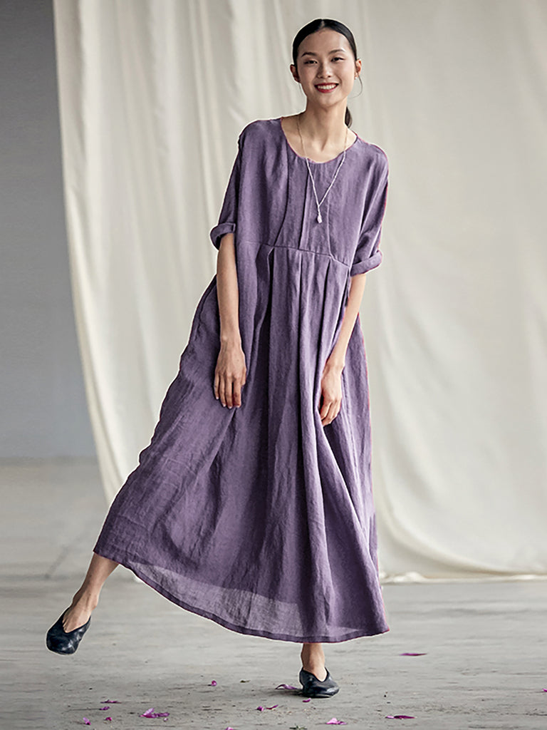 buykud linen dresses Women Summer Plaid Vintage Short Sleeve Cotton Linen Dress