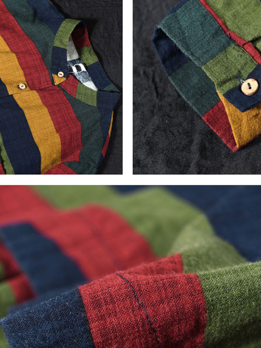 Plus Size Vintage Striped Long Sleeve 100%Cotton Shirt – BUYKUD