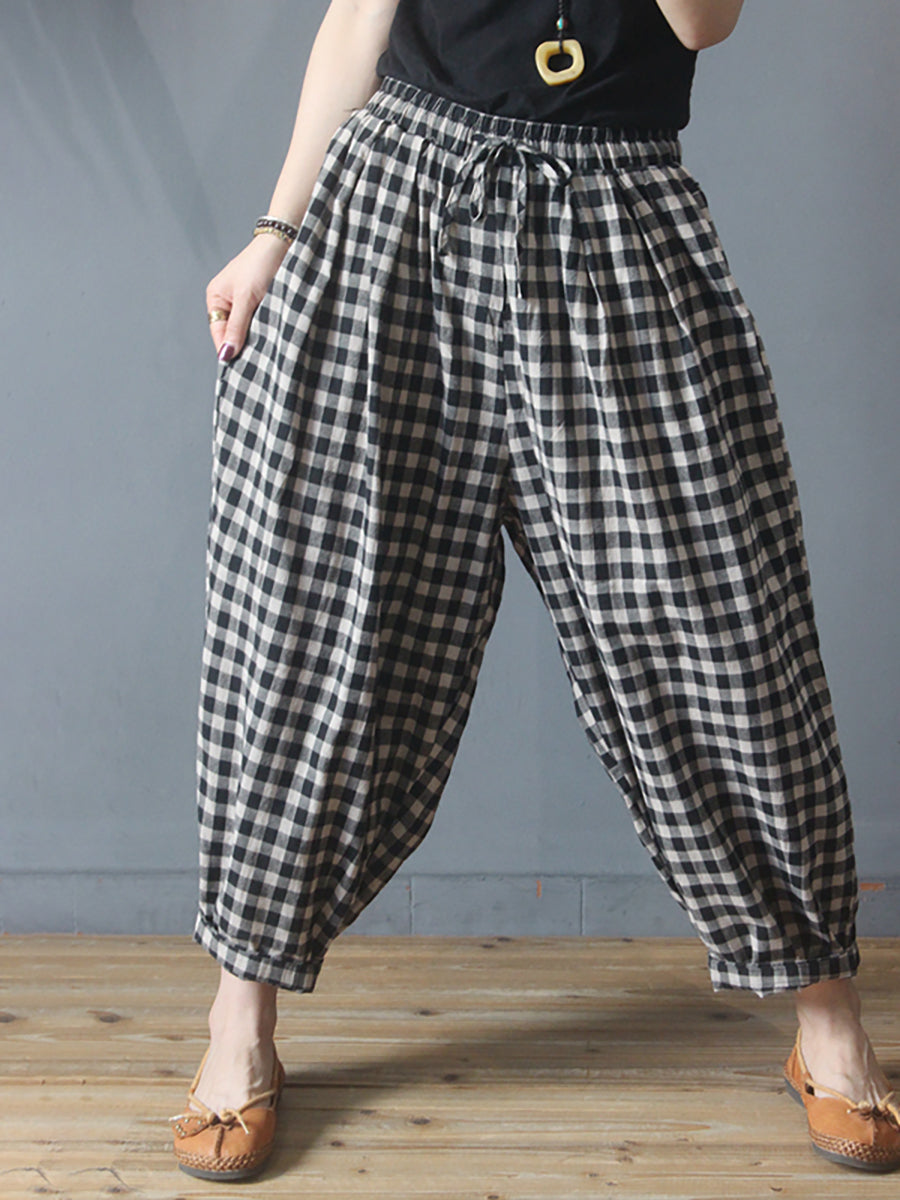 Plus Size - Summer Plaid Drawstring Cotton Linen Harem Pants – BUYKUD