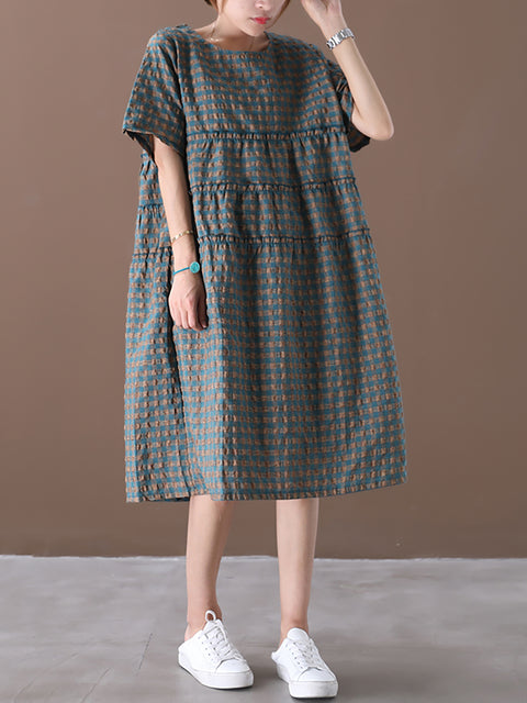 Summer Plaid Round Neck Cotton Loose Midi Dress