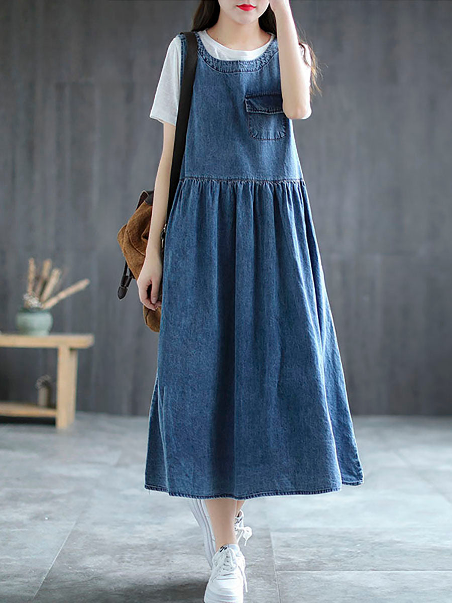 Plus Size Denim Pleated Long Sleeveless Pinafore Dress Plus Size Denim Pleated Long Sleeveless Pinafore Dress