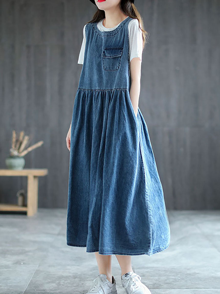 Plus Size - Denim Pleated Long Sleeveless Pinafore Dress – BUYKUD
