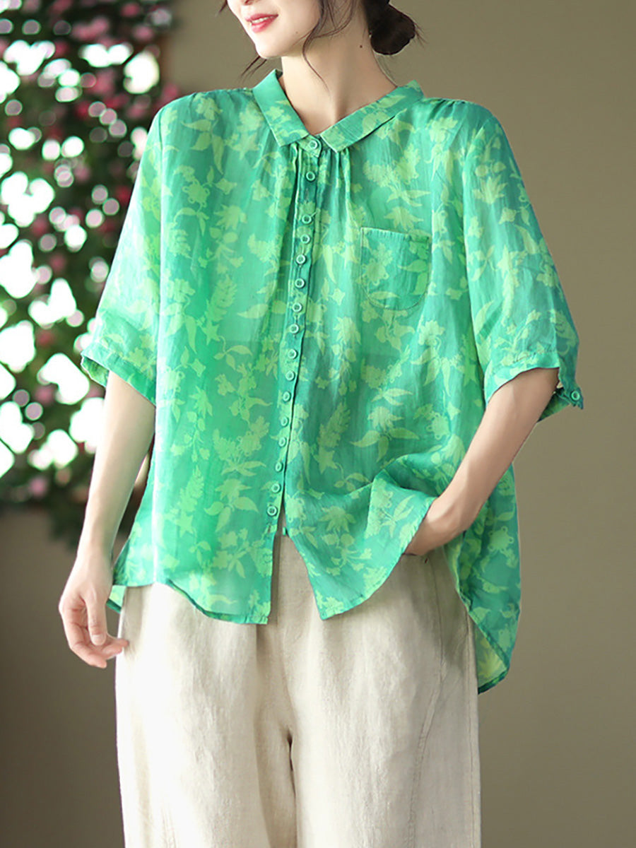 Plus Size Vintage Floral Ramie Casual Summer Women Shirt – BUYKUD