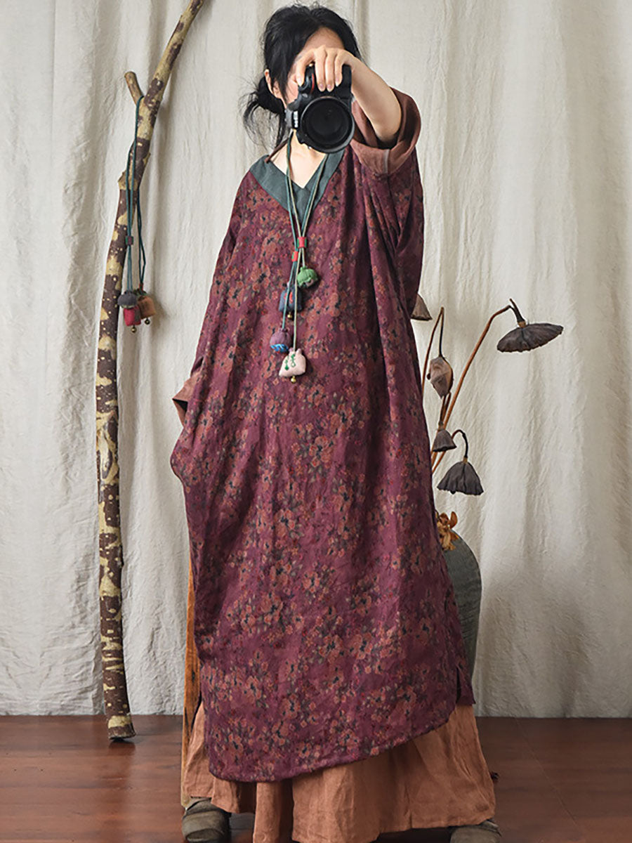 Women Loose Linen Print Vintage V-Neck Dress BUYKUD Women Loose Linen Print Vintage V-Neck Dress BUYKUD