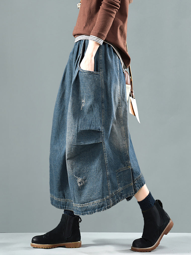 Denim Pocket Casual Faded Long-Skirt