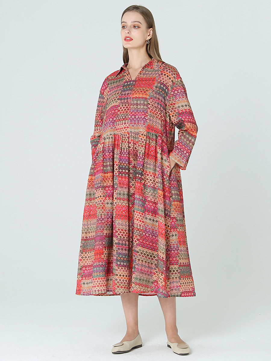 Plus Size Prints Long Sleeve Spring Bohemia Dress – BUYKUD
