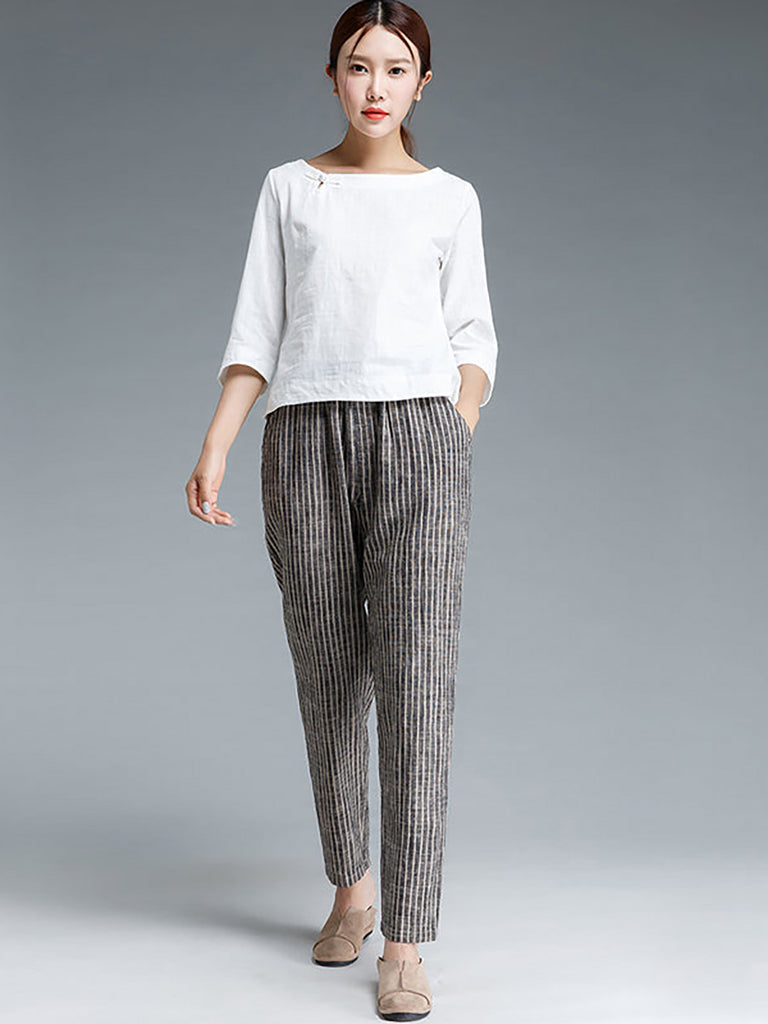 Plus Size Buykud Stripe Cotton Linen Women Pants – BUYKUD
