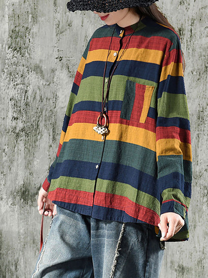 Vintage Striped Cotton Linen Long Sleeve Shirt
