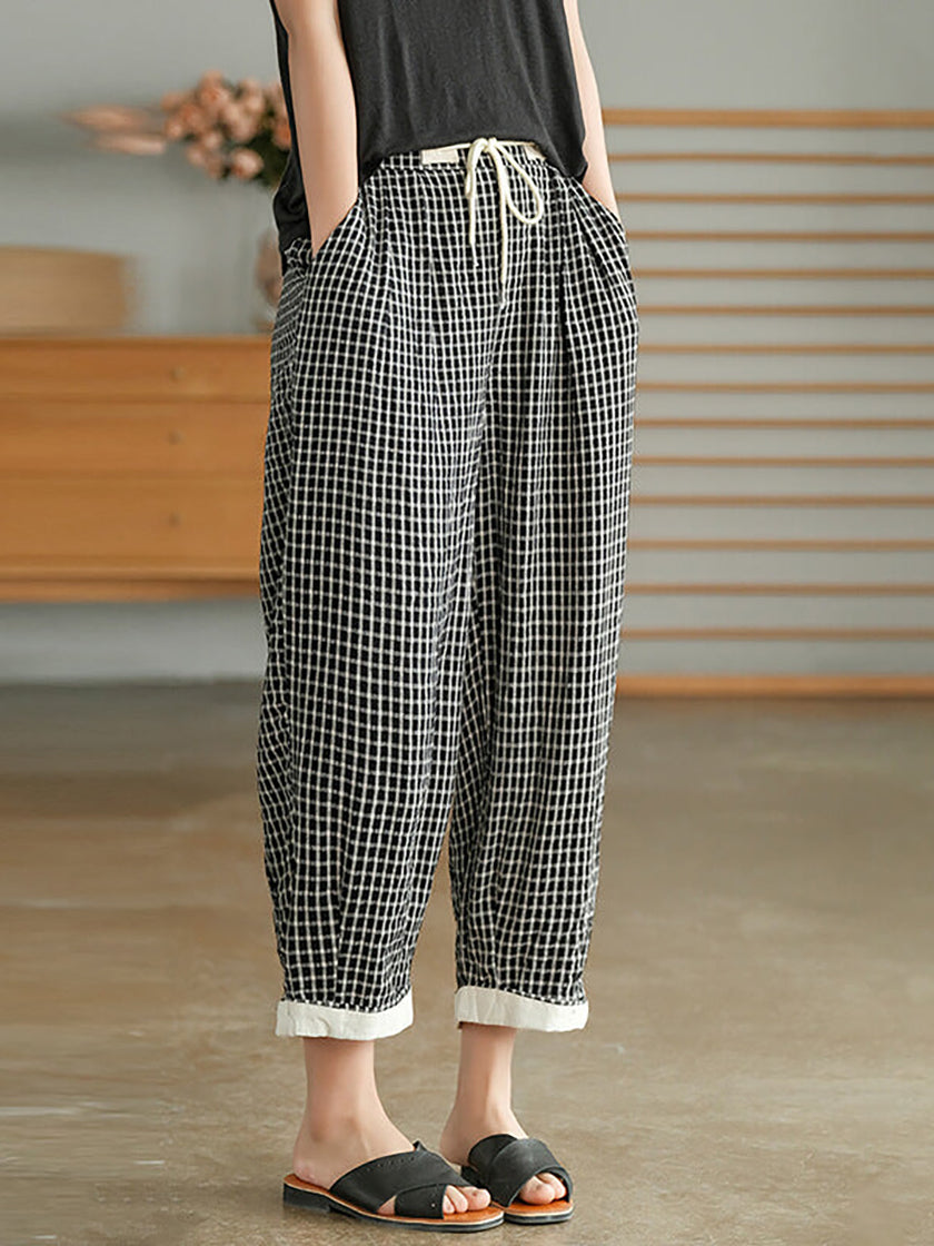 Plus Size Linen Plaid Drawstring Two Pieces Sets M-3XL